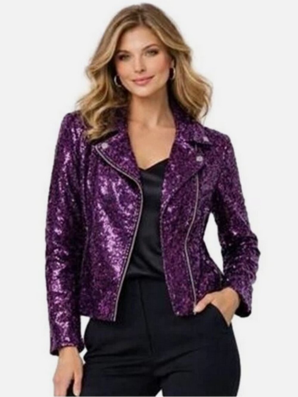 Colleen Lopez Women's Luxe Sequin Moto Jacket Violet Rose Size 1X Tag NIB